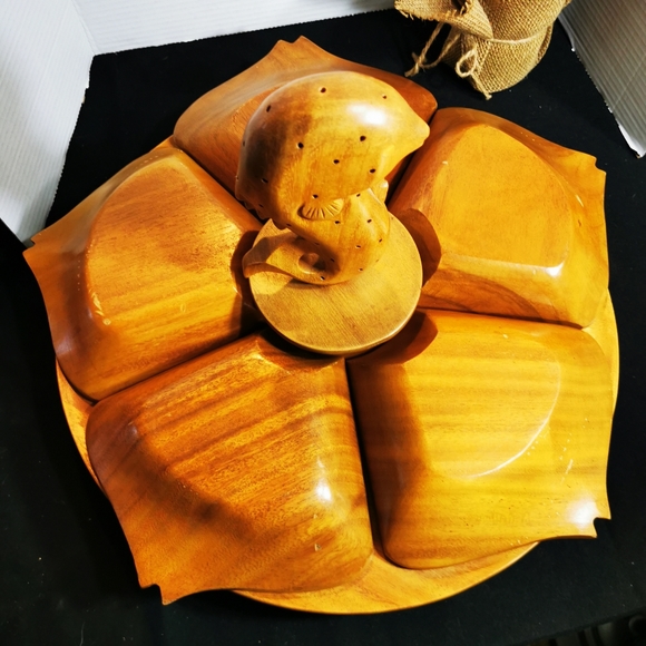 Vintage Wooden Lazy Susan Carved Fish Serving Tray Monkeypod - Picture 8 of 17